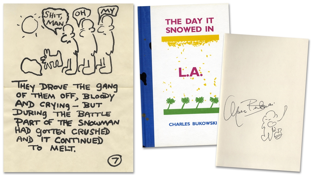 Charles Bukowski Original Artwork From ''The Day It Snowed in L.A.'' -- One of Only 11 Copies of the Limited Edition Signed by Bukowski & Containing His Hand-Drawn Illustration From the Book